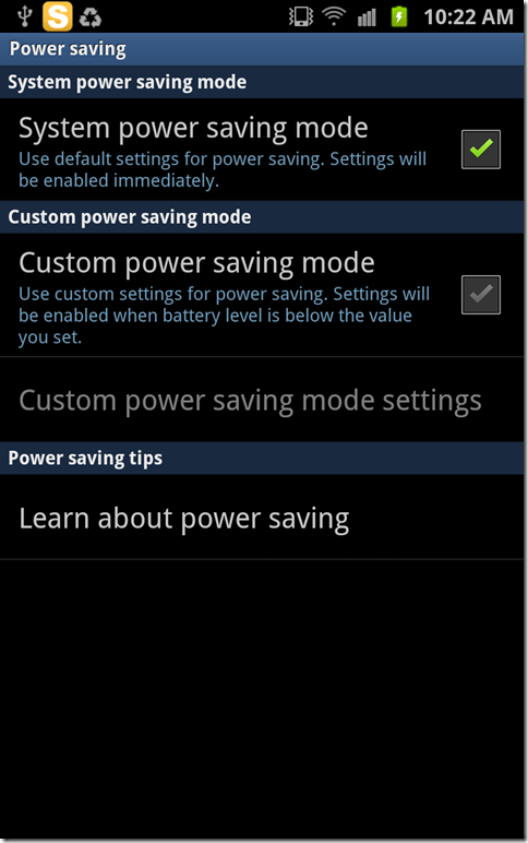 Samsung Galaxy Note Sytem Power Saving Mode