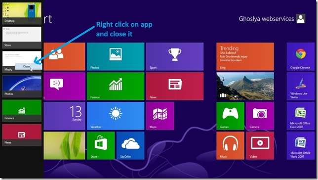 windows 8 close app by Top Left View and close app