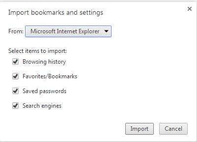 importing bookmarks, saved passwords, browsing history and default search engines from internet explorer