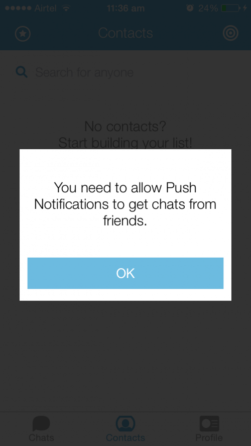 jott messenger app screen for asking permission for chat notifications