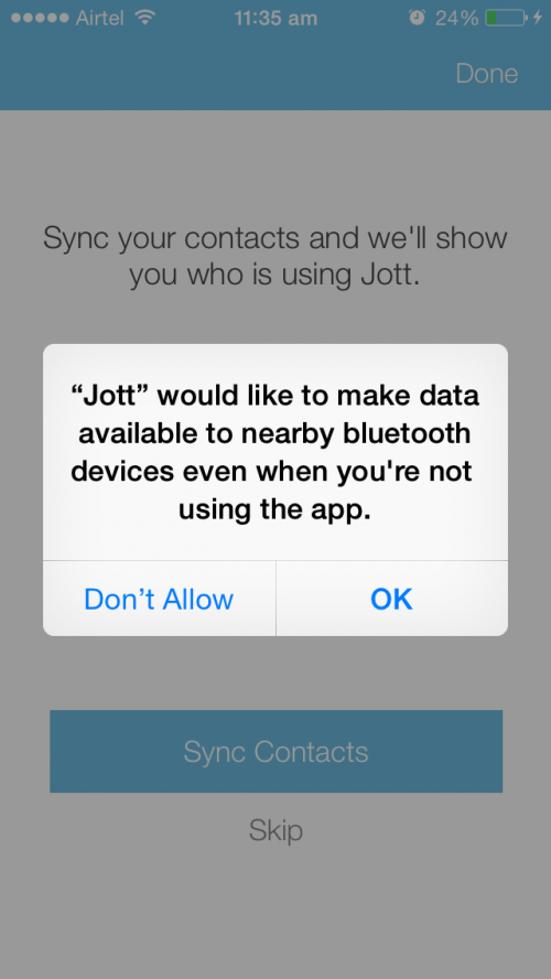 Jott messenger screen for bluetooth connectivity and sharing permission