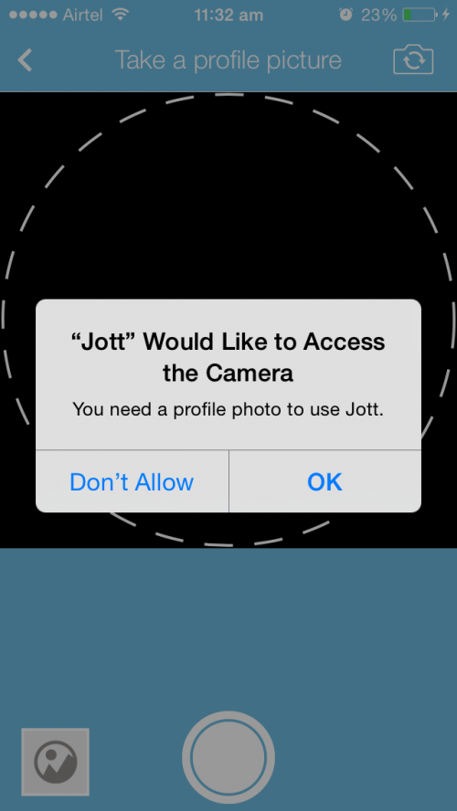 Jott messenger screen for setting profile image using camera